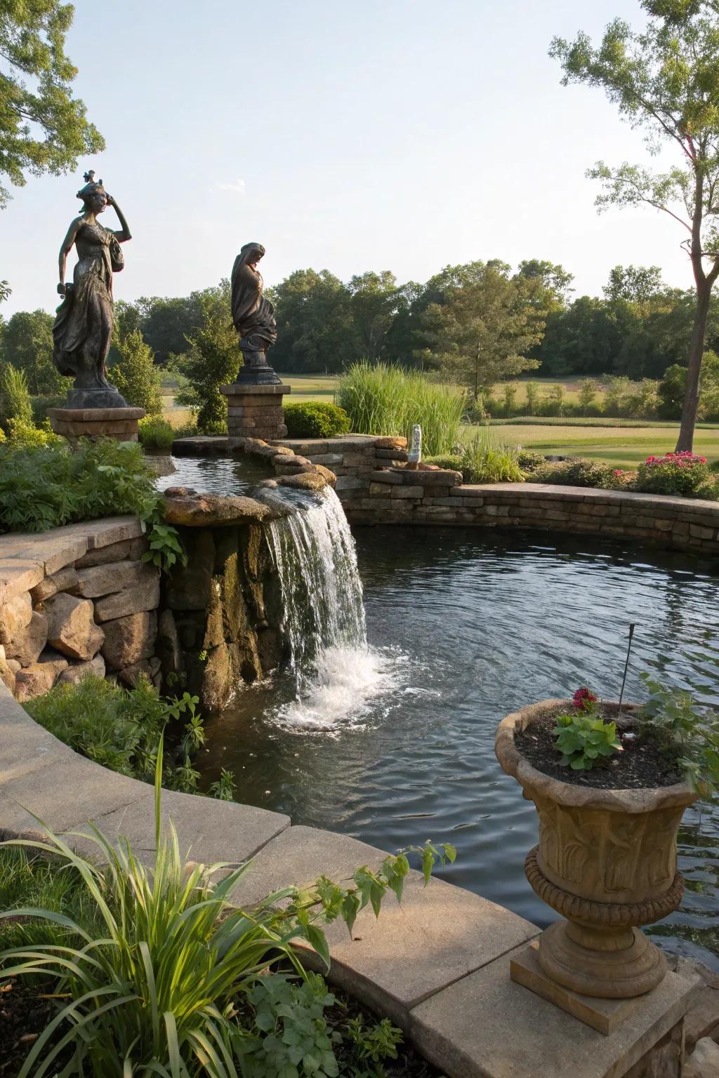 Whimsical statues add a unique expression to this above-ground pond.