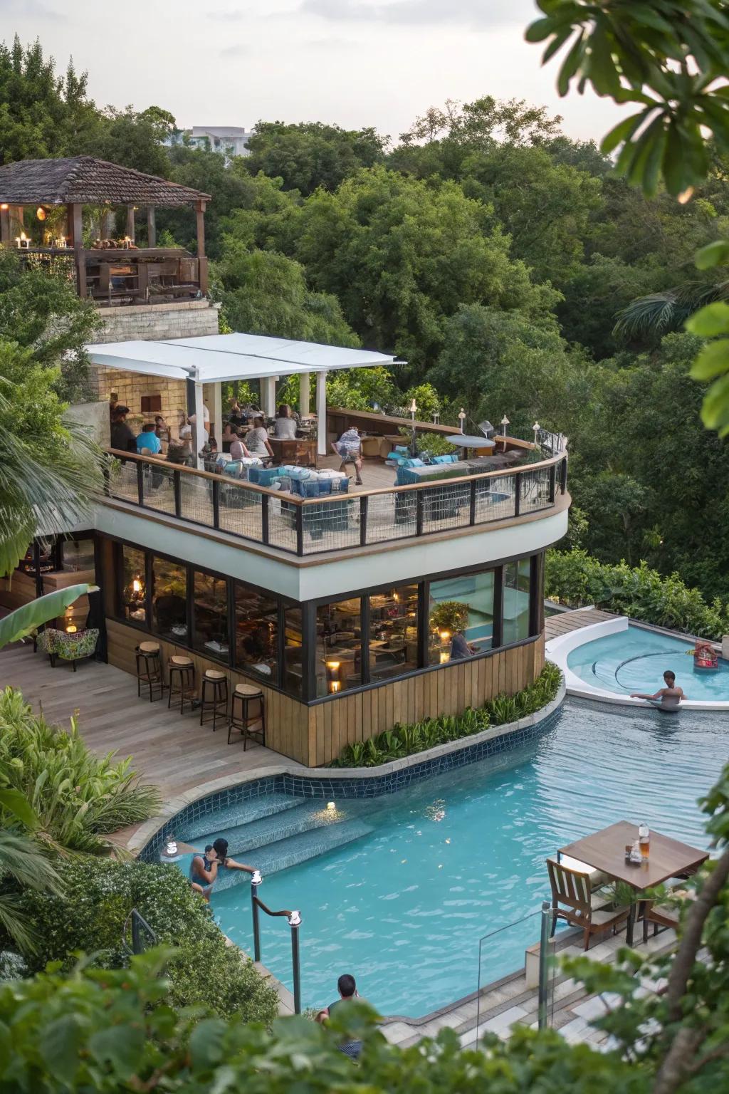 A multi-tiered bar design provides functionality and visual interest.