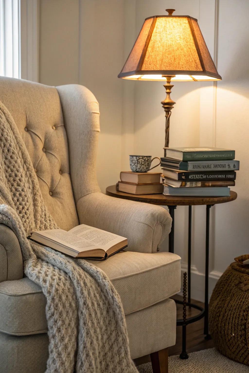 Soft lamps create inviting reading spaces.