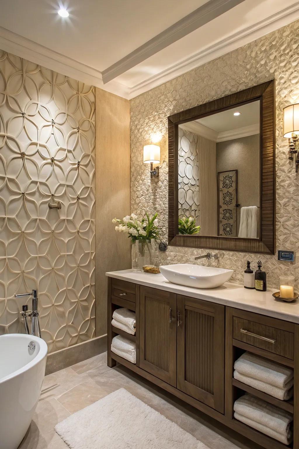 A bathing space featuring a textured accent wall that enhances dimension and intrigue.