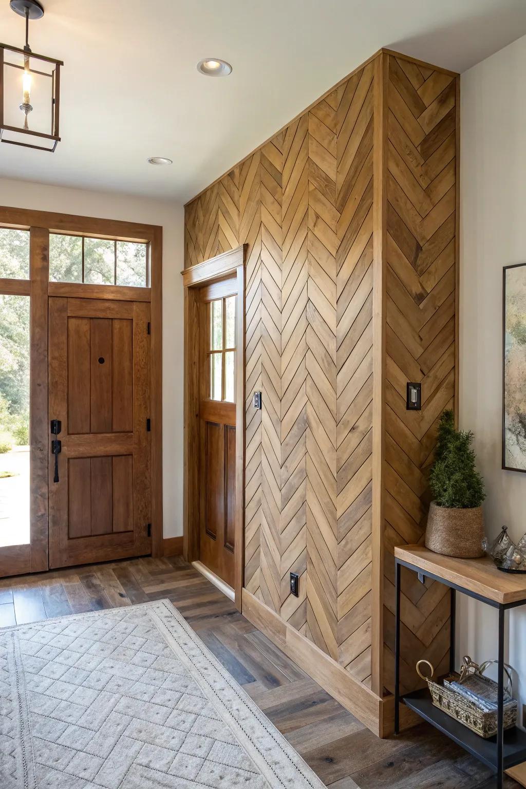 An entry hall exhibiting a zigzag timber accent.