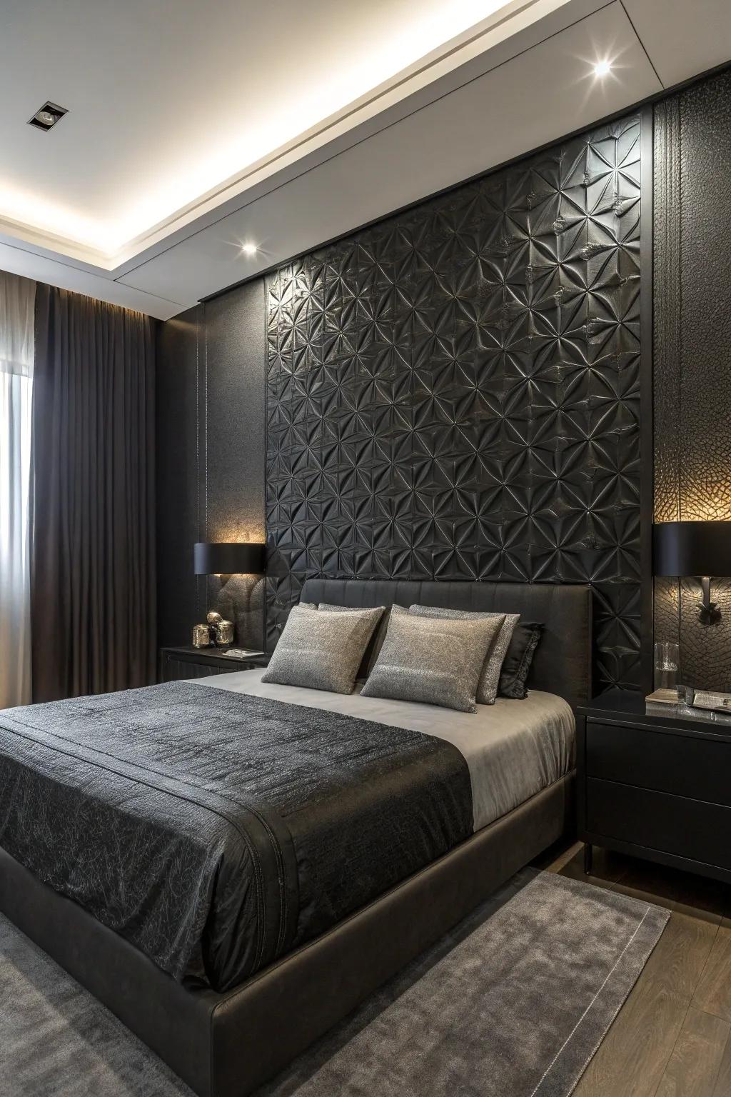 A black bedroom featuring a textured feature wall for visual appeal.