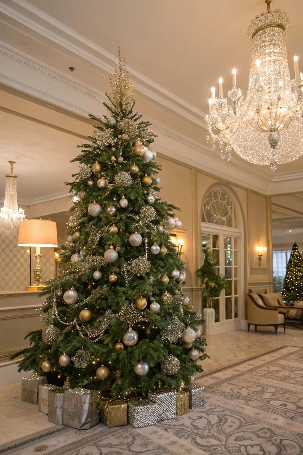 A glamorous Christmas tree featuring metallic tones for added sophistication.