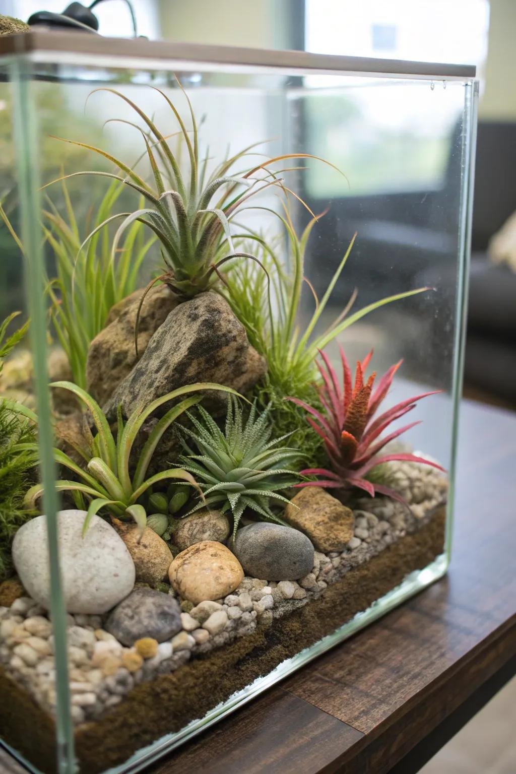 An aquarium ingeniously transformed into a unique air plant display.