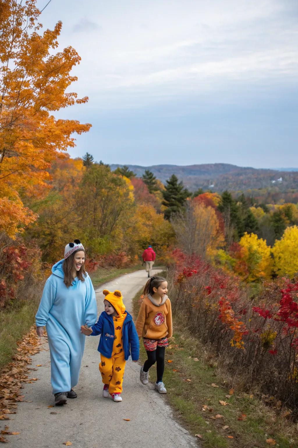 A family relishing a Halloween-themed nature amble.