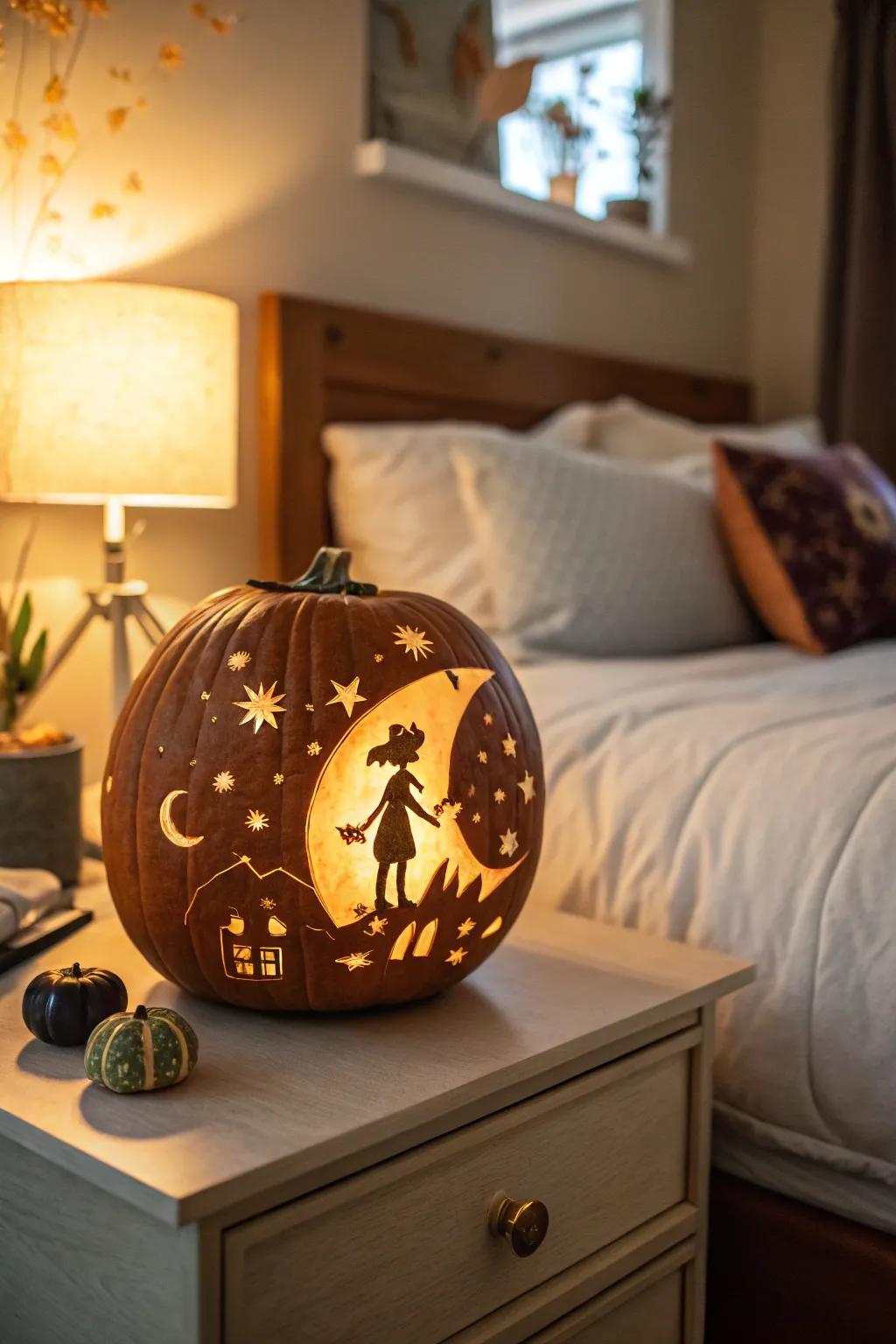 Fashion tranquility with an anime-inspired celestial canvas pumpkin.