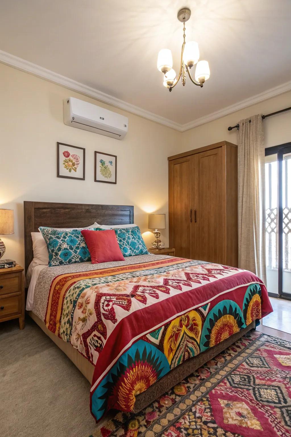 Colorful and striking bedding enlivens this apartment bedroom.