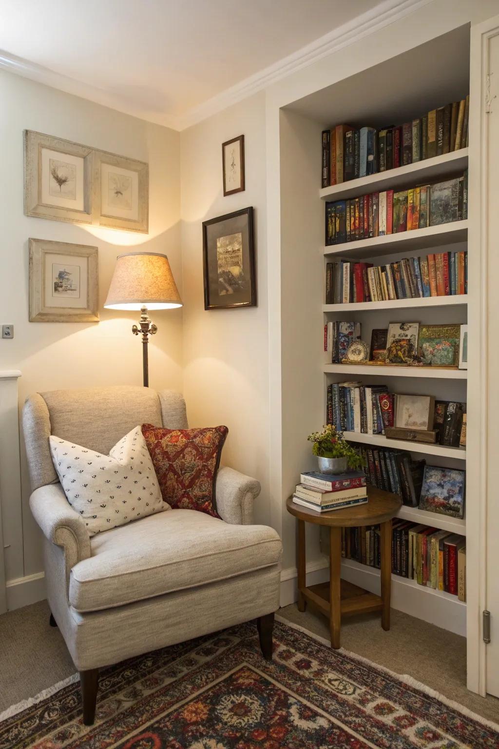 A cozy reading spot capitalizes on corner space within this small living space.