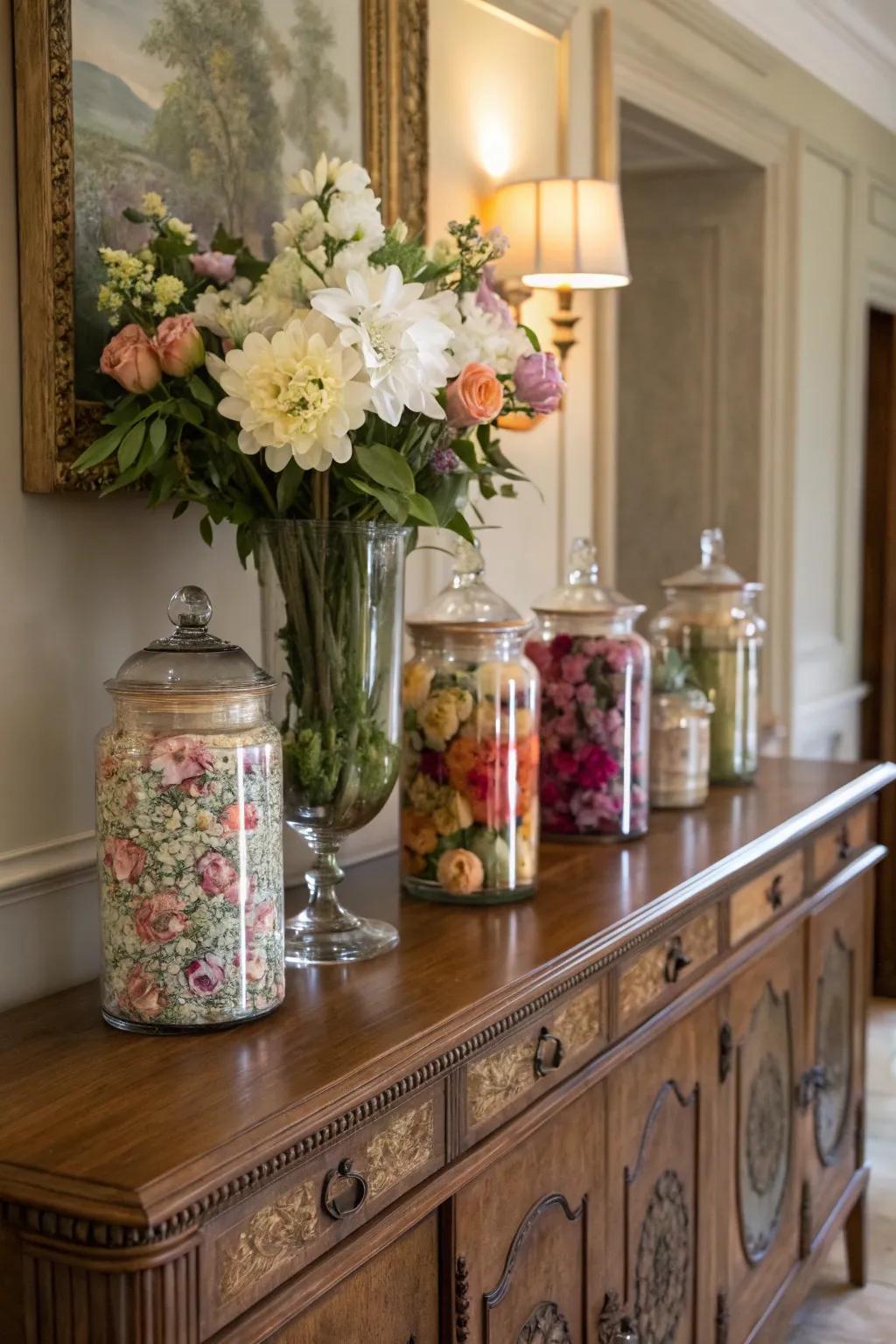 Floral arrangements in vintage-inspired glass jars create a vibrant and lively atmosphere.