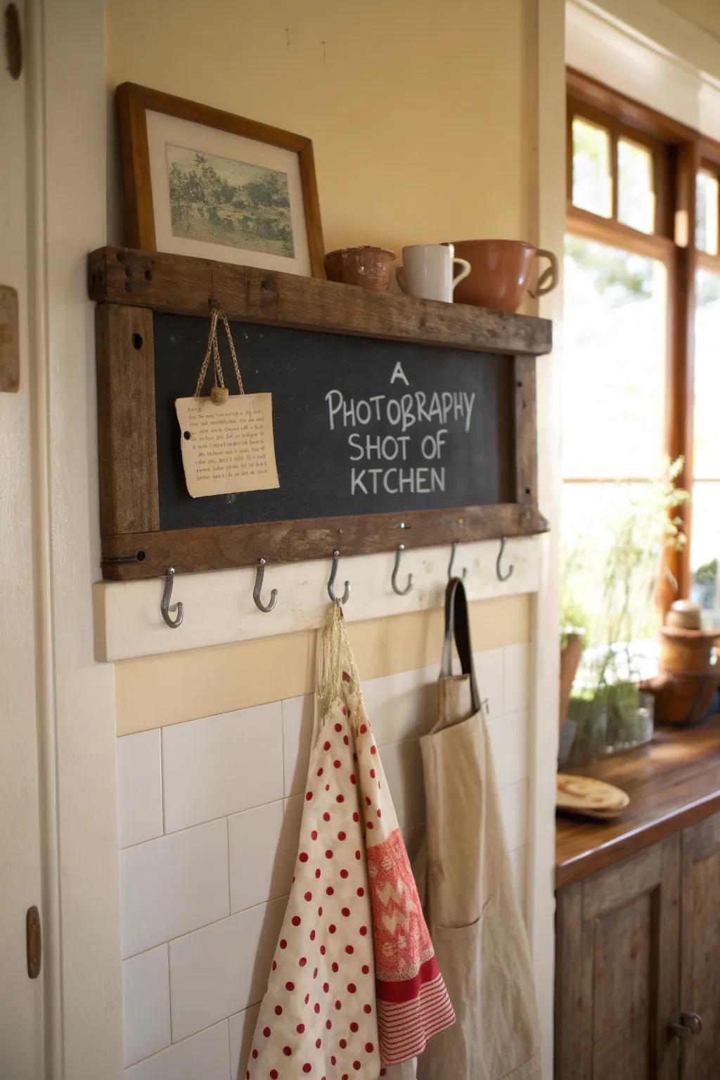 A chalkboard apron rack maintains affairs stylish and utilitarian.