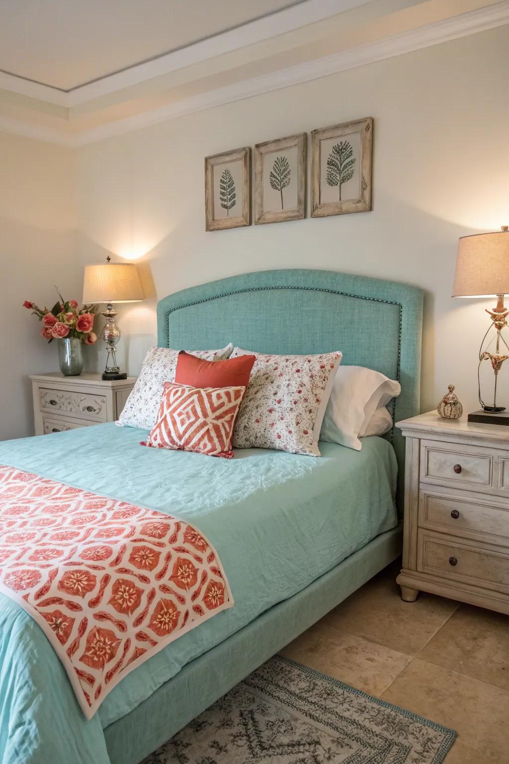 Coral accents create a lively contrast to the aqua room.