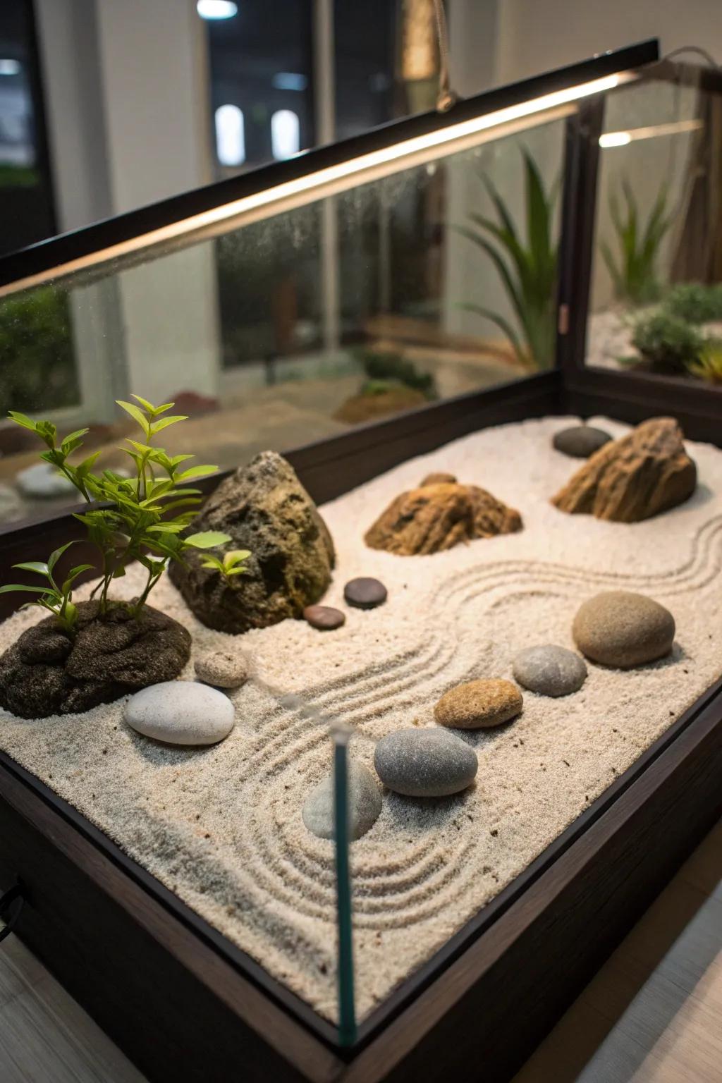 A zen garden aquarium supports feelings of composure and inner peace.