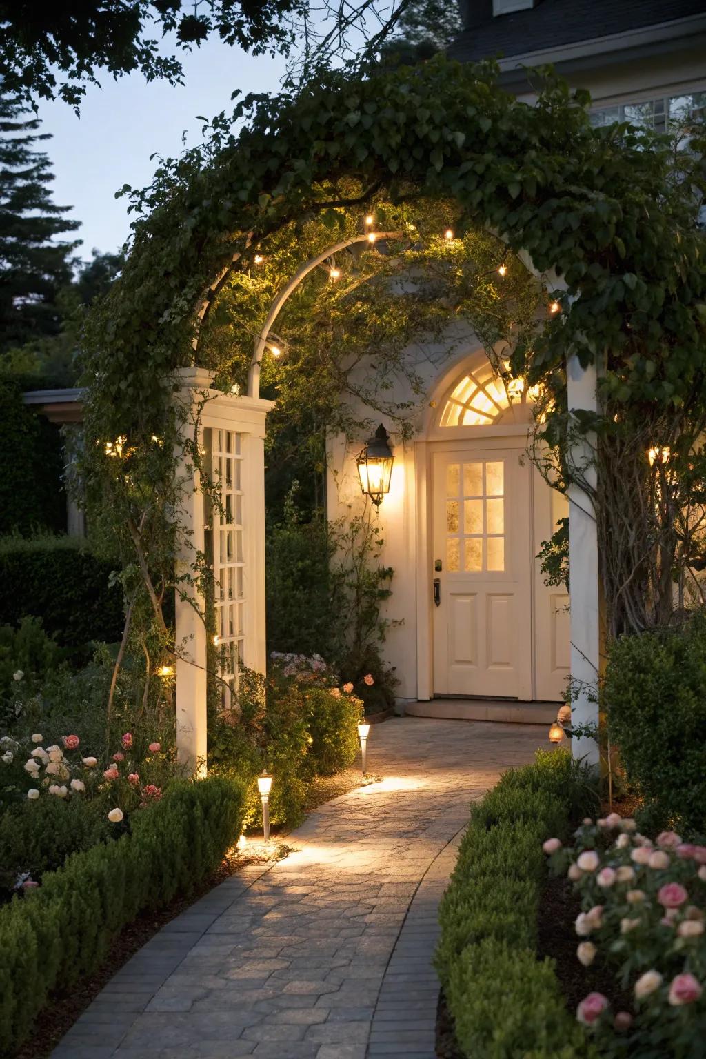 An arbor featuring integrated lighting creates an appealing nighttime doorway.