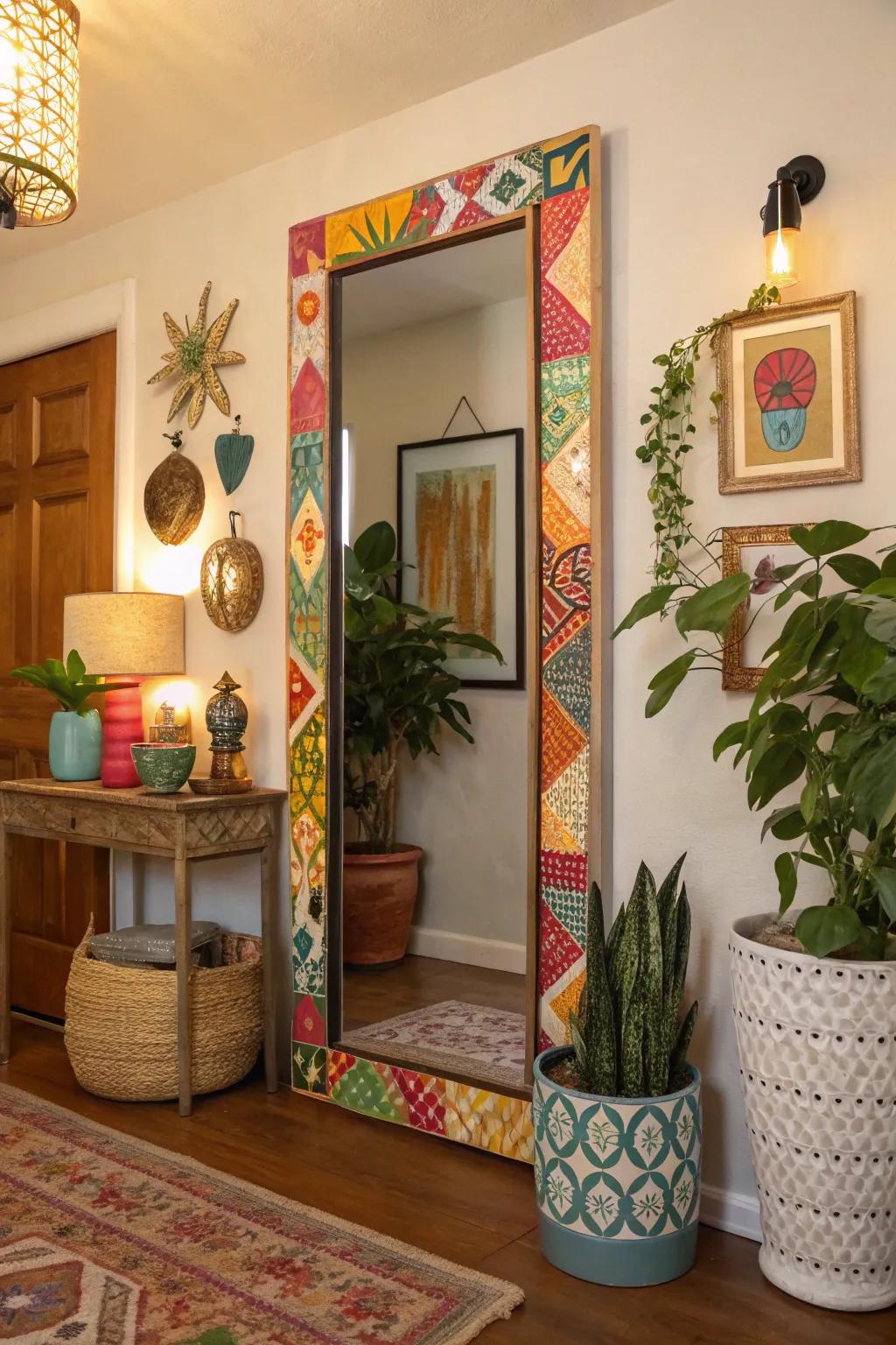 A thrifted mirror makeover injects a splash of color and character to this hallway.