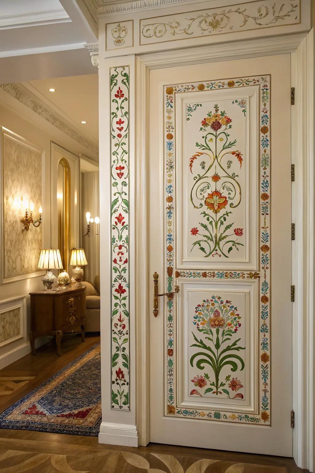 A door adorned with stencil designs for a customized artistic touch.