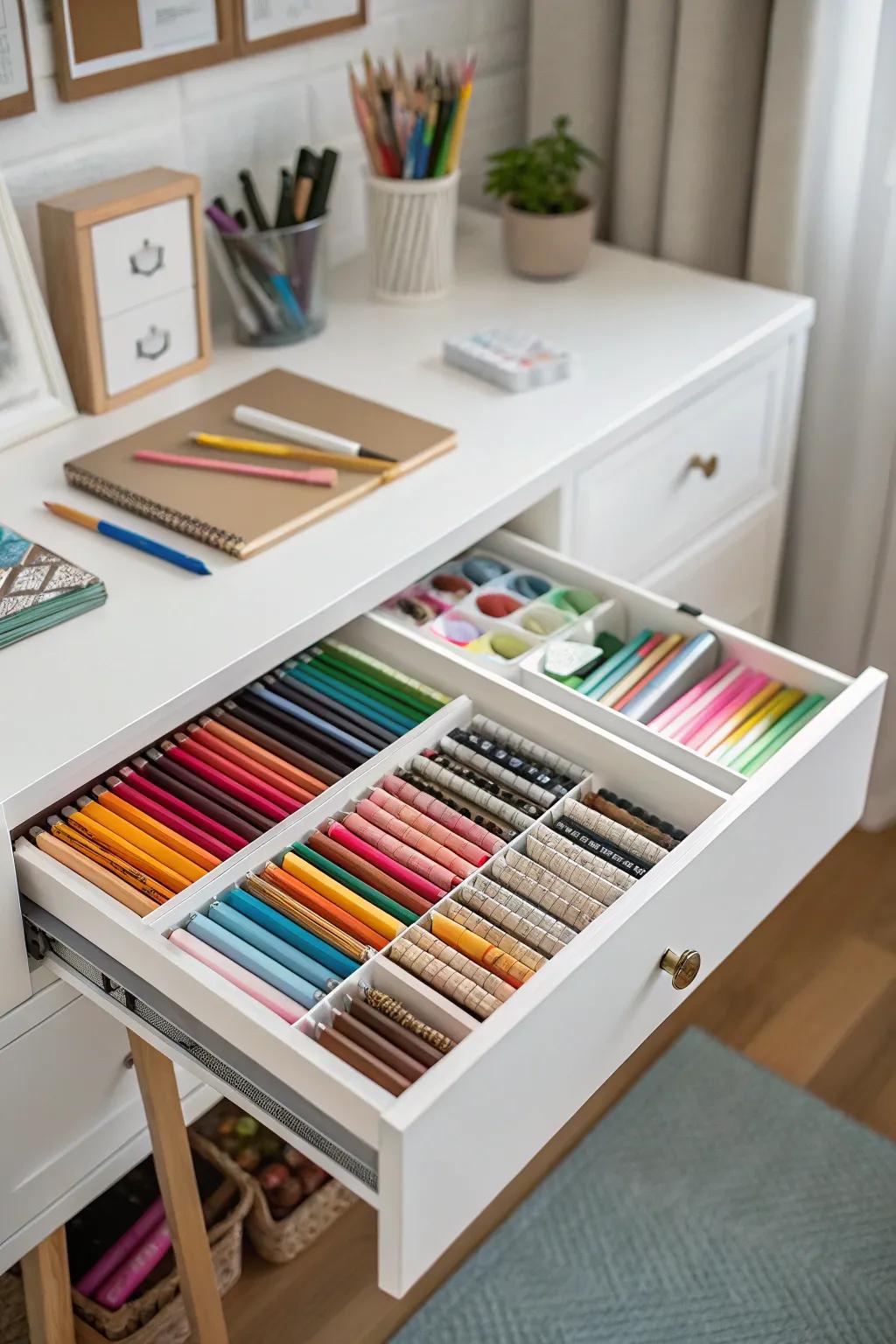Under-table drawers offer hidden arrangement for your art items.