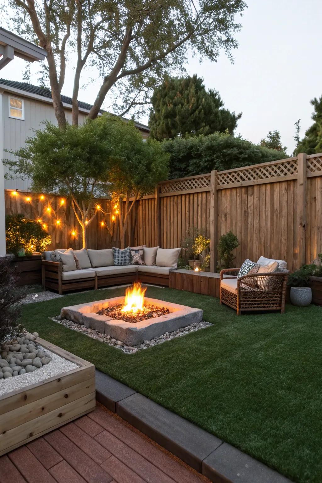 A cozy fire area on verdant imitation turf.