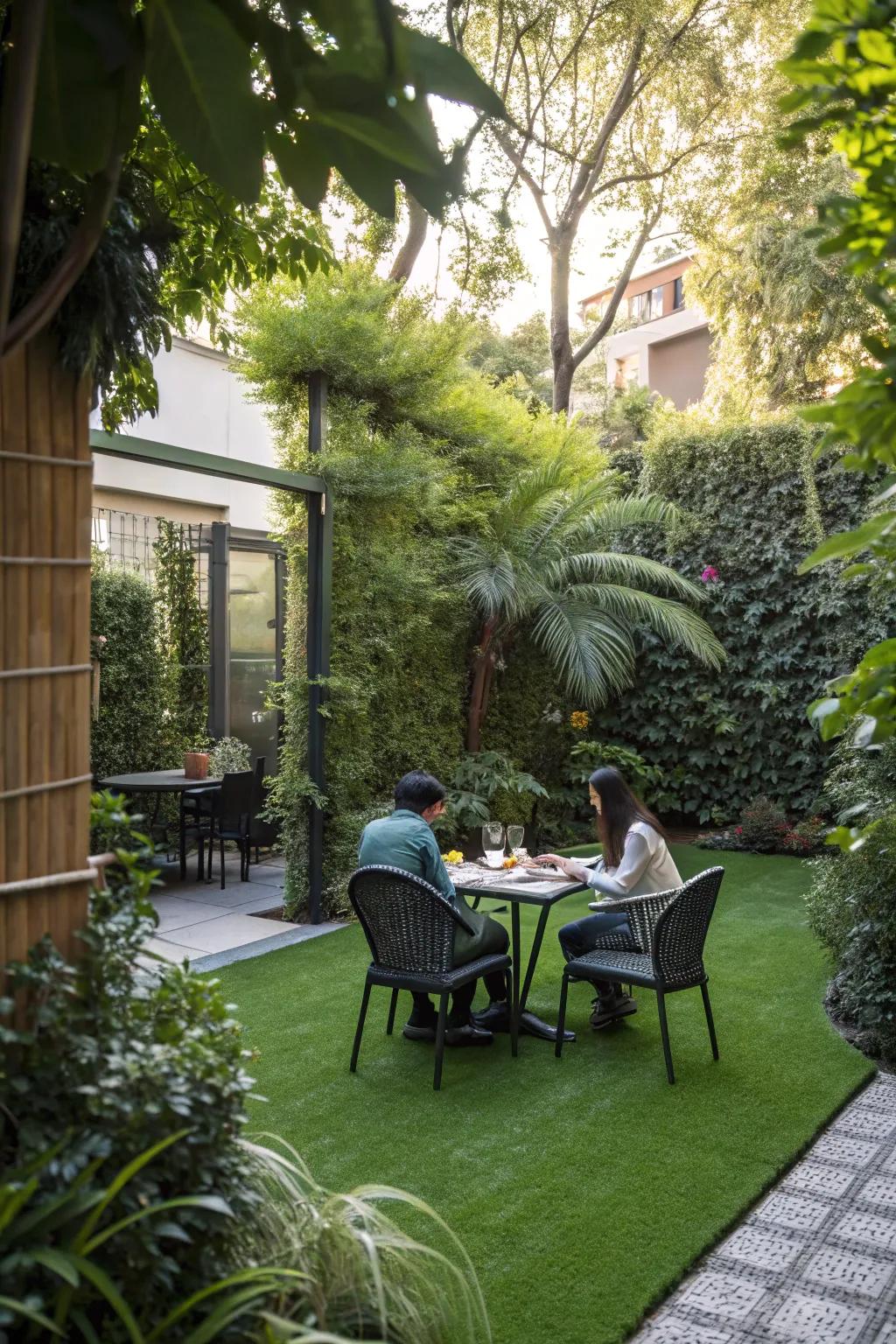 Dine outdoors in coziness using a stunning simulated turf setting.