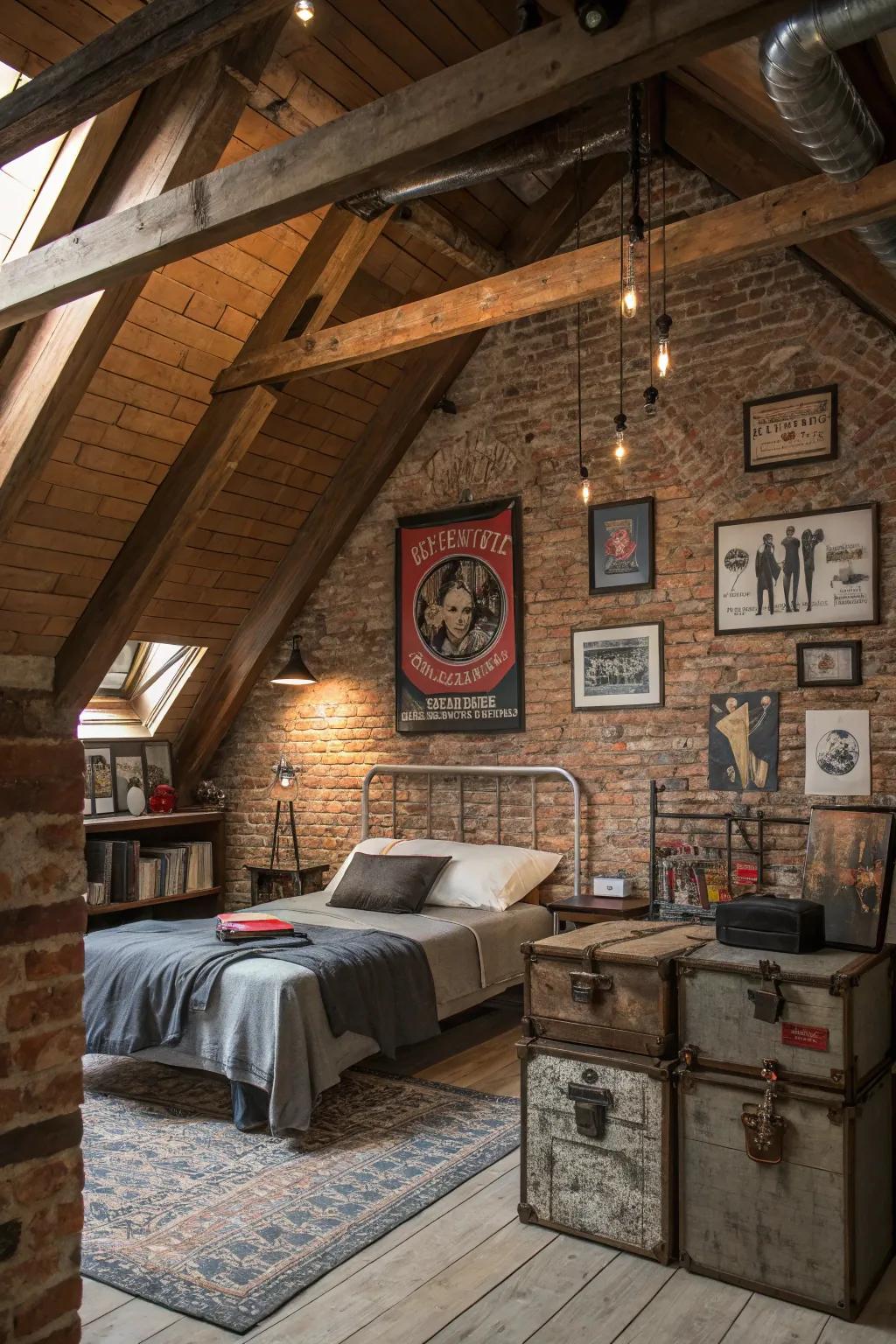 Uncovered brick walls impart texture and an industrial vibe to your attic area.