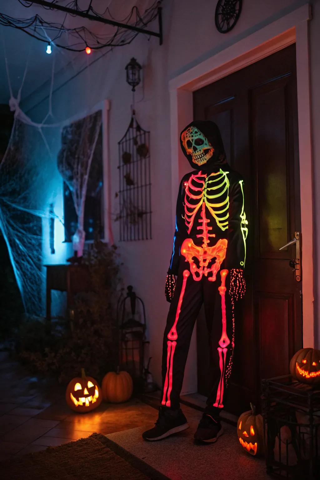 Embrace the classic with a spooky bony figure attire.