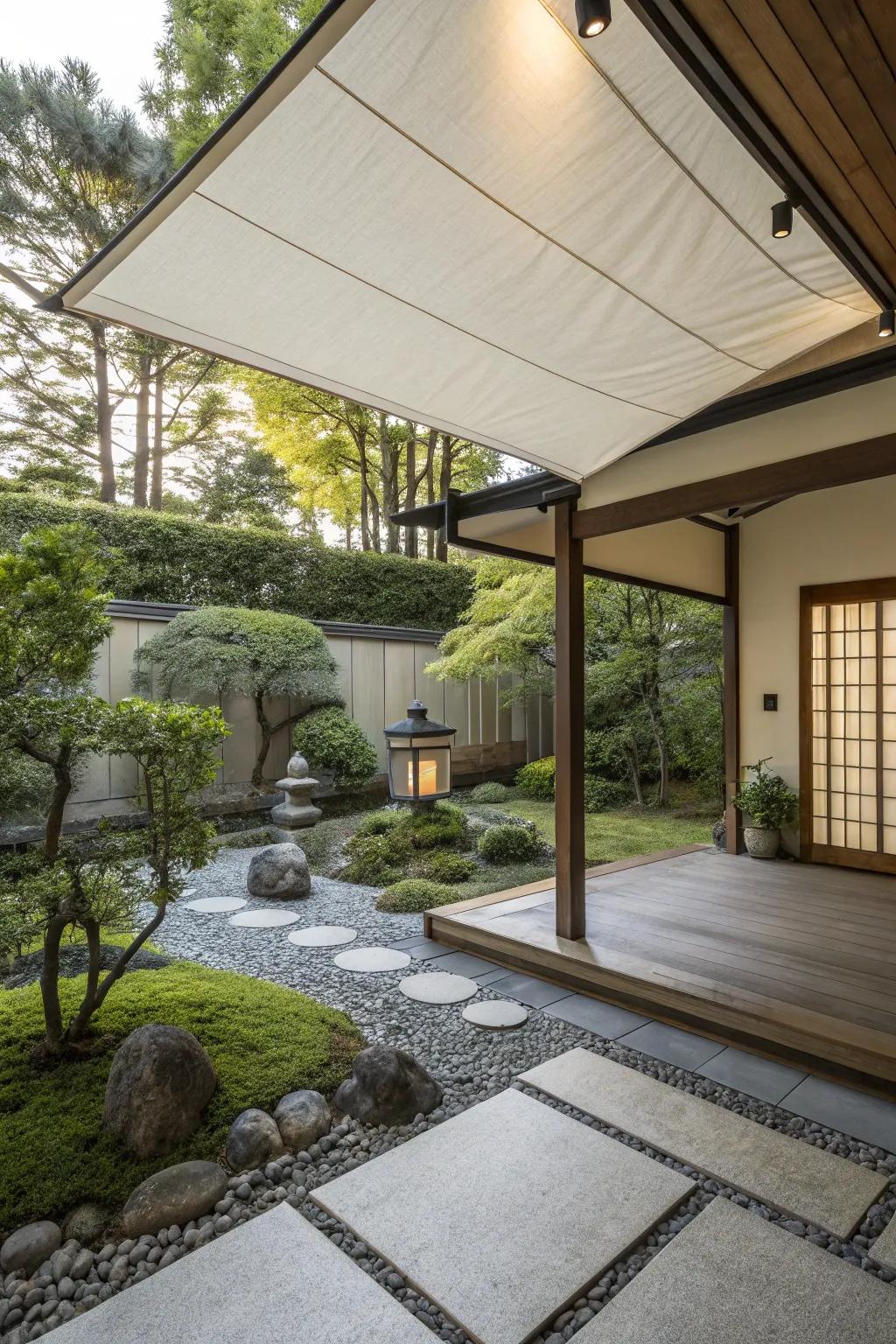 Embrace serenity with a Japanese-inspired shade cloth covering.
