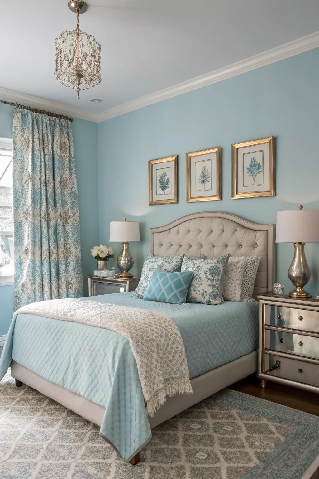 Metallic touches lift the elegance of a light sky blue bedroom.
