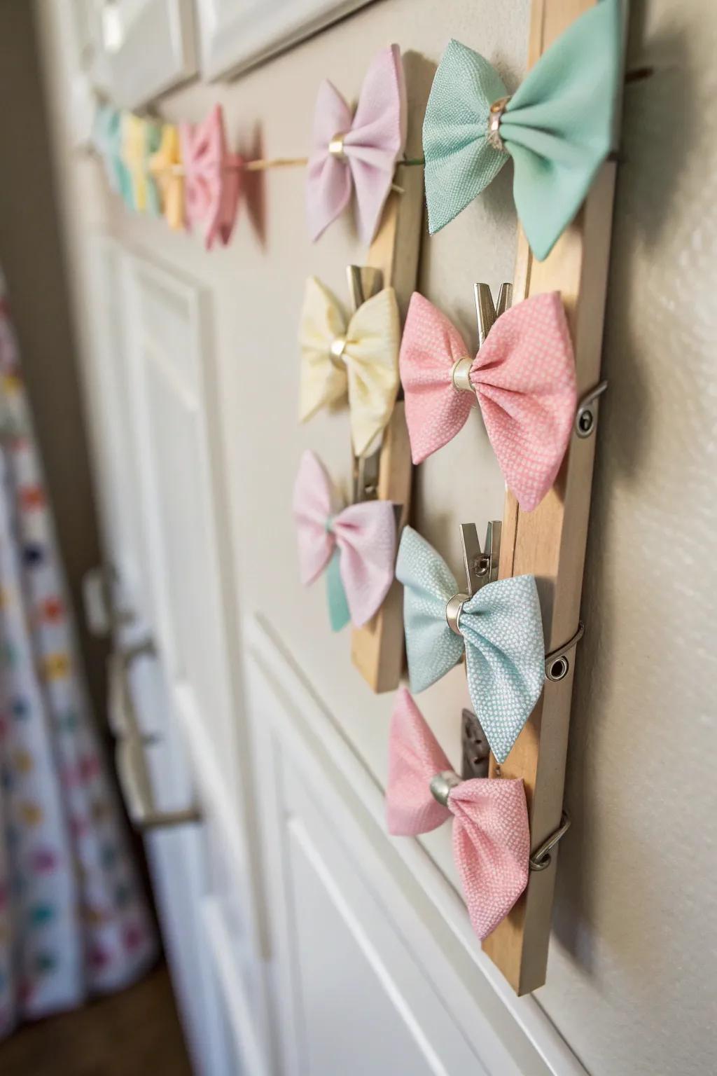 Creative magnetic strip for arranging baby bows.