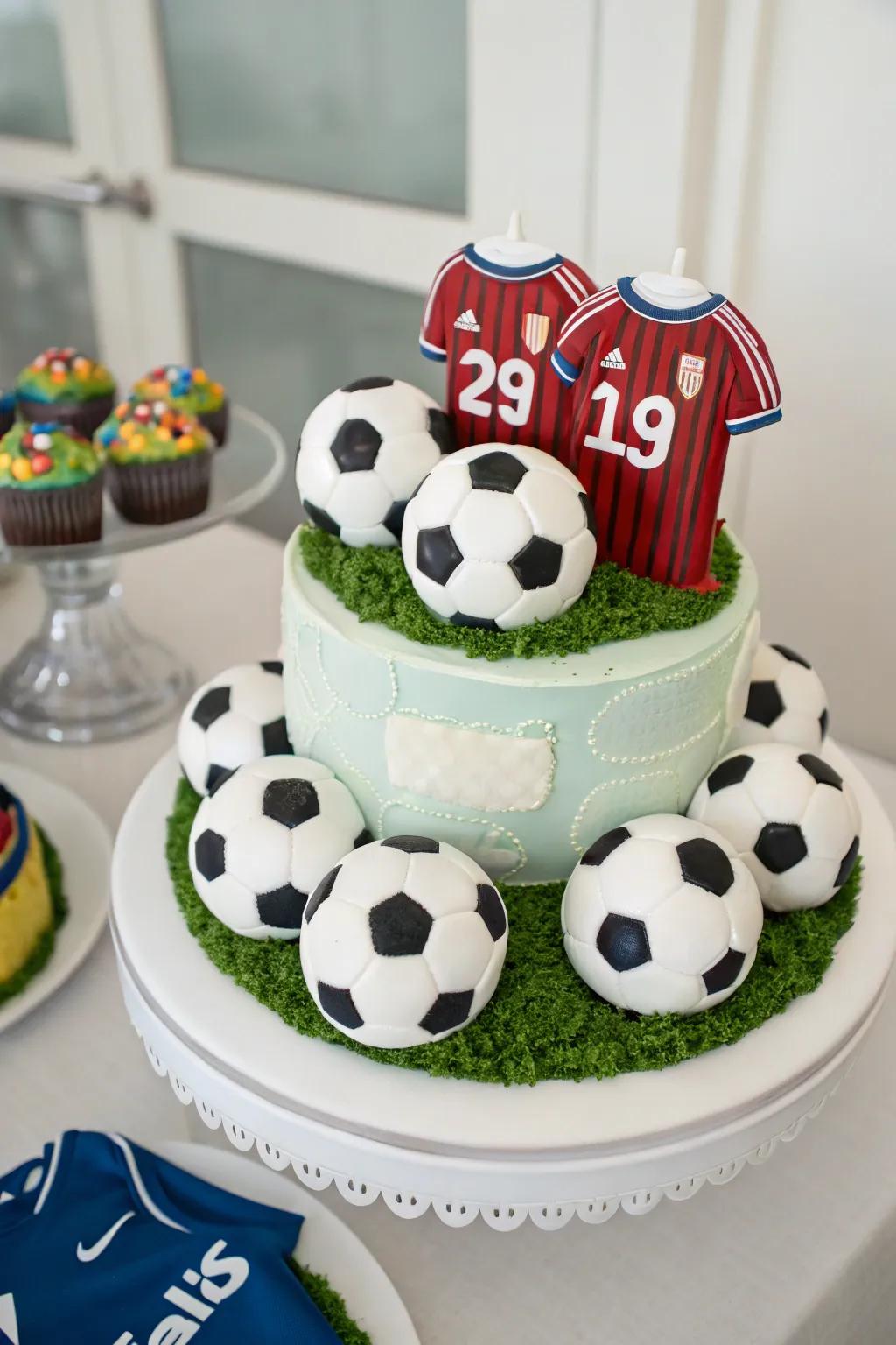 A sports-themed cake for a baby boy gathering.