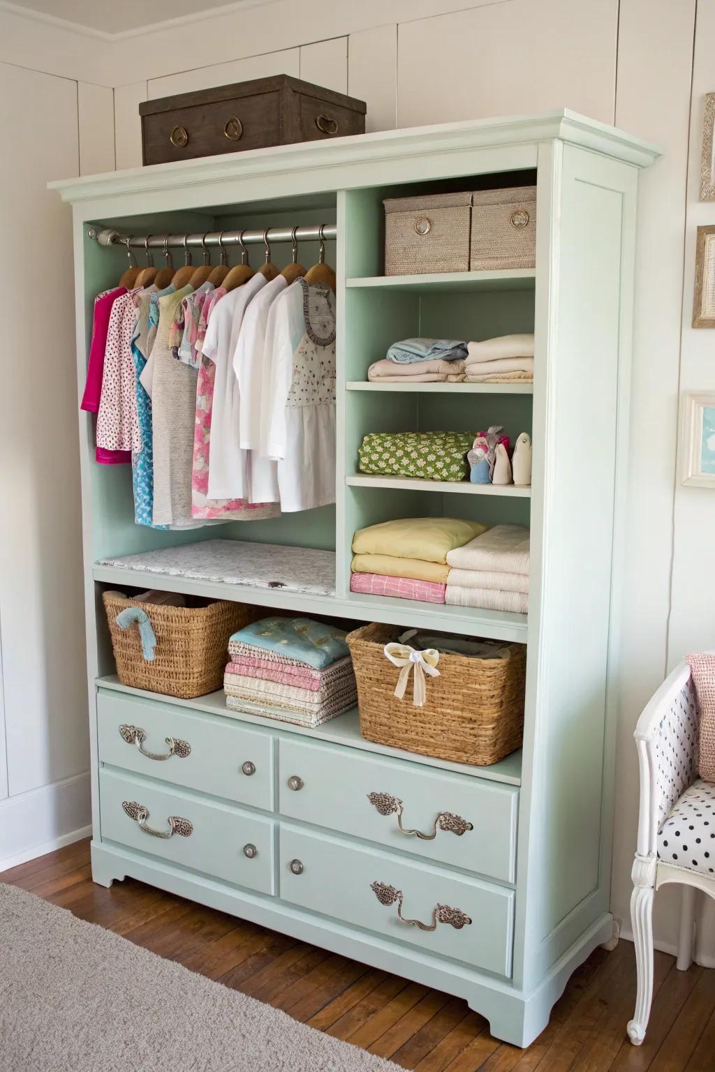 Repurposed furniture adds character and functionality to nursery storage.