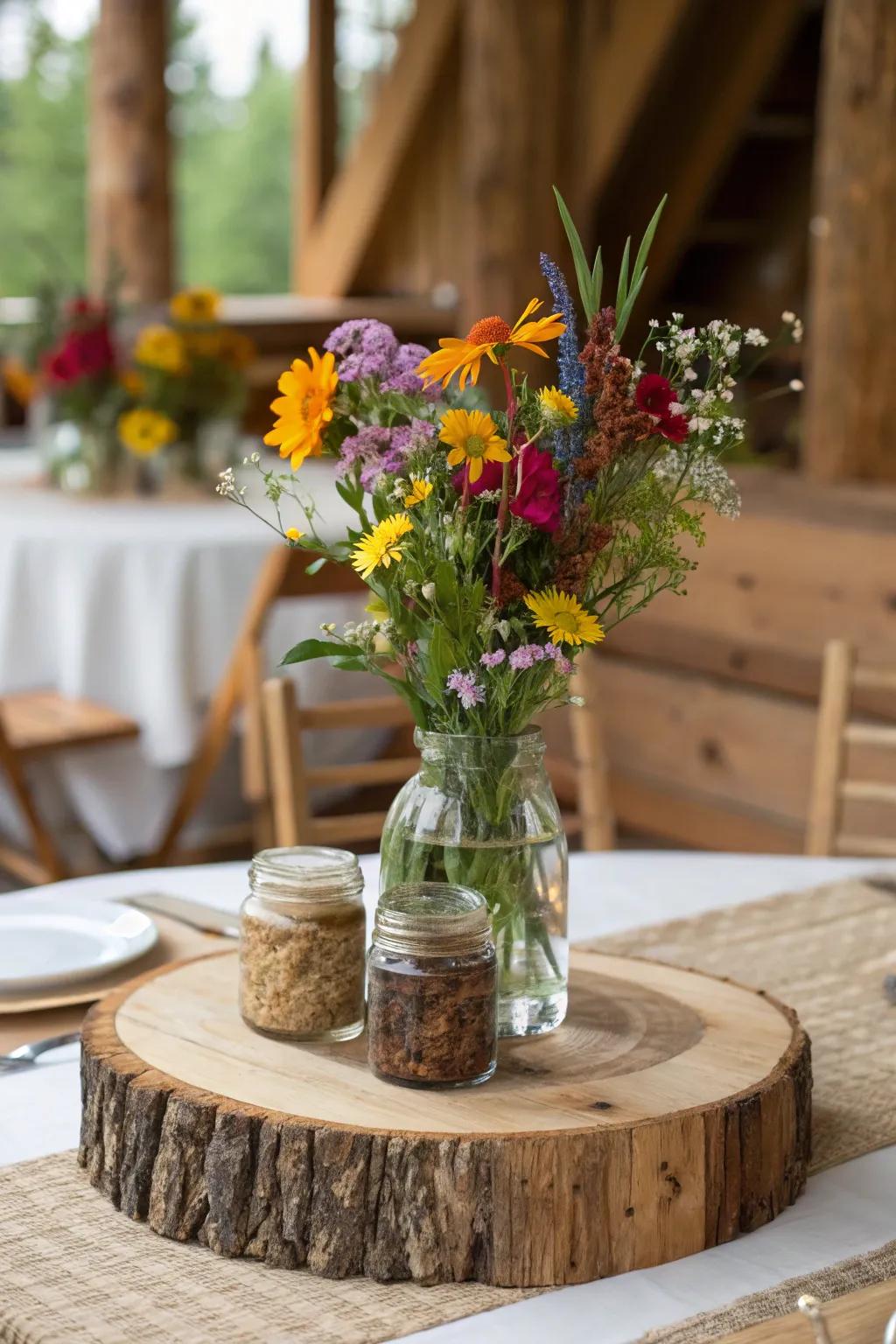 Rustic chic centerpiece featuring wooden accents.