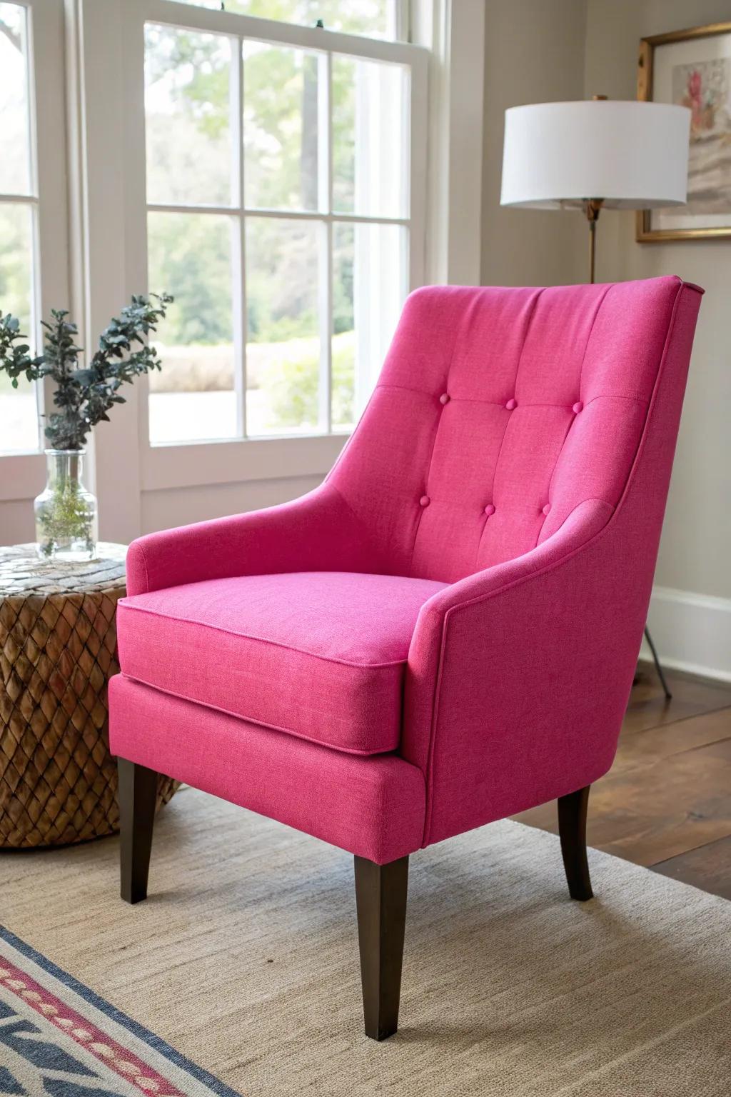 A striking rose-colored chair functions as a captivating highlight within the space.