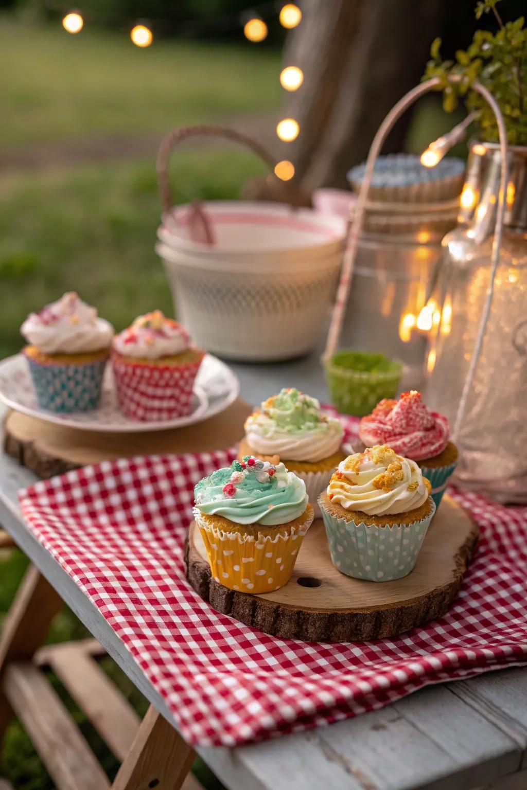 Checkered patterned cupcakes for a hint of timeless charm.