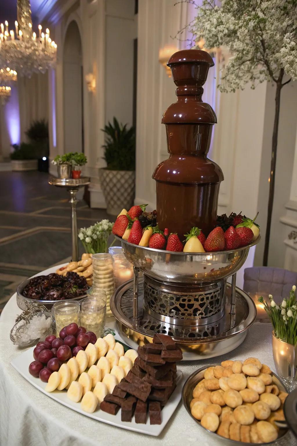 A chocolate fountain accompanied by a selection of dippable items.