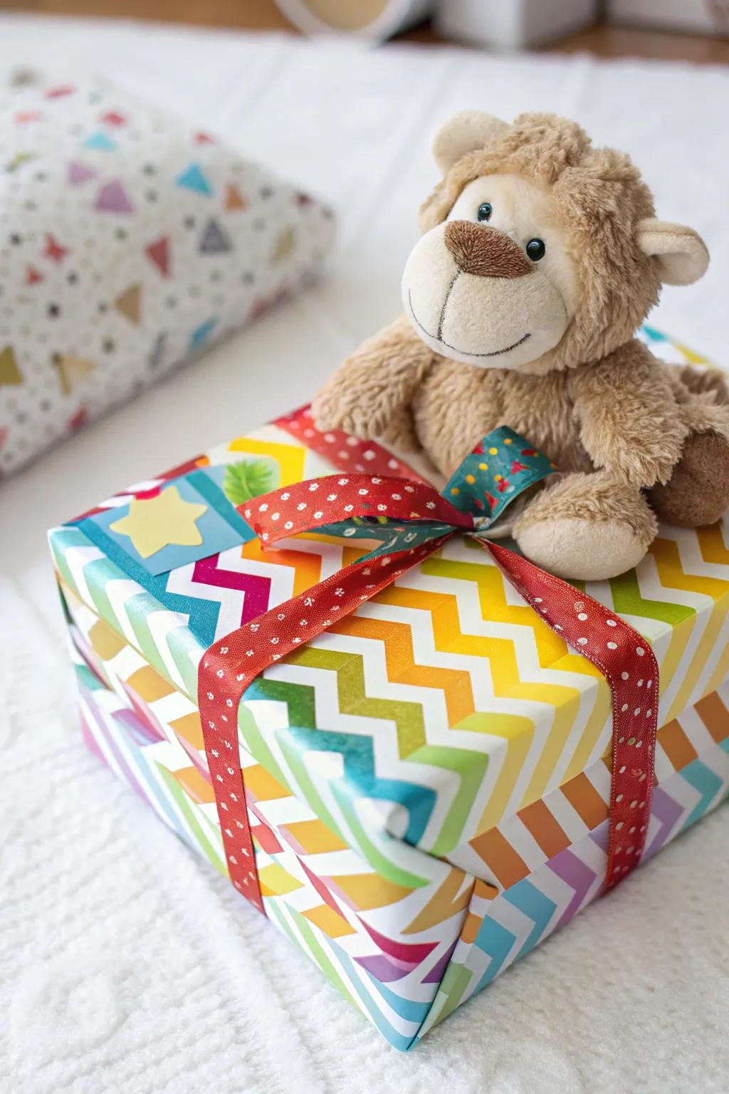 A playful plush toy crowning a wrapped gift, introducing charm and delight.