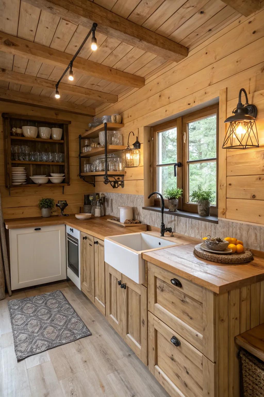 A cooking area featuring a wood-paneled scene, introducing rustic element and warmth.