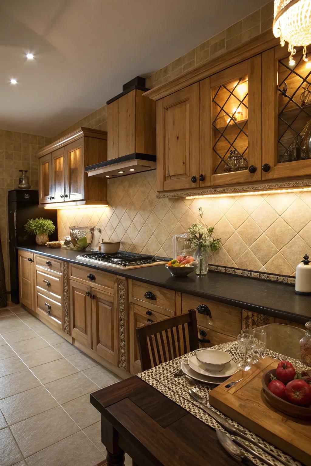 Light brown sections provide a cozy and appealing comparison to dark countertops.