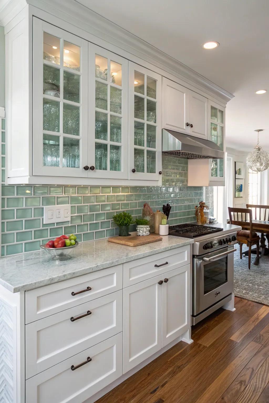 Crystalline tiles imbue contemporary sophistication into this white kitchen.