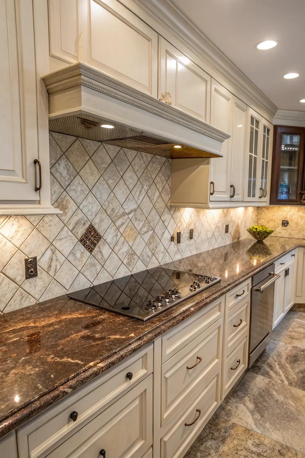 Cultured stone-effect tiles complement the elegance of fantasy brown granite.