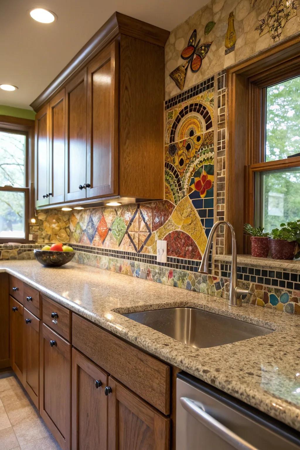 Granite worktops are given a unique flair with mosaic accents.