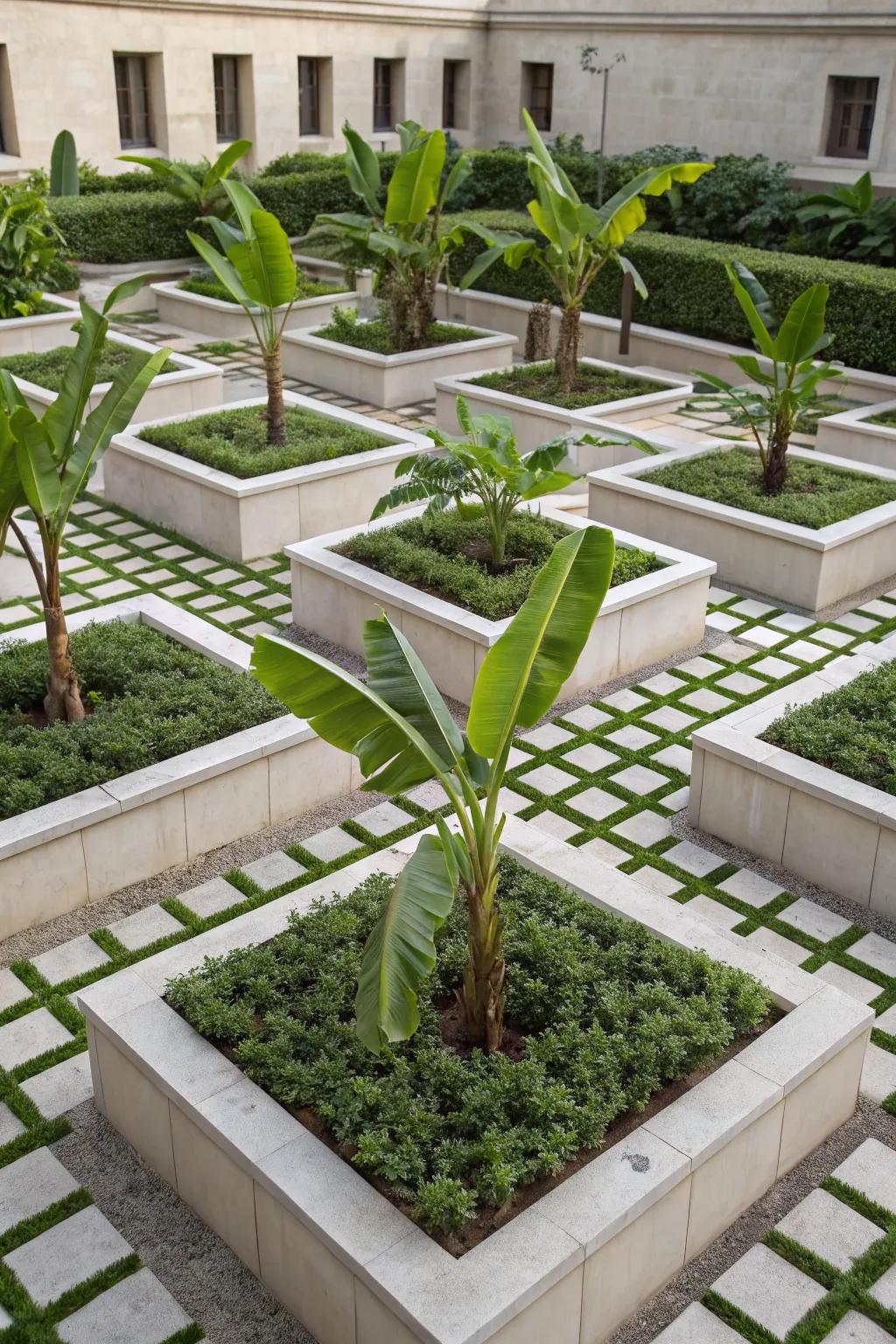 Achieve a modern look with a geometric tropical fruit tree garden design.