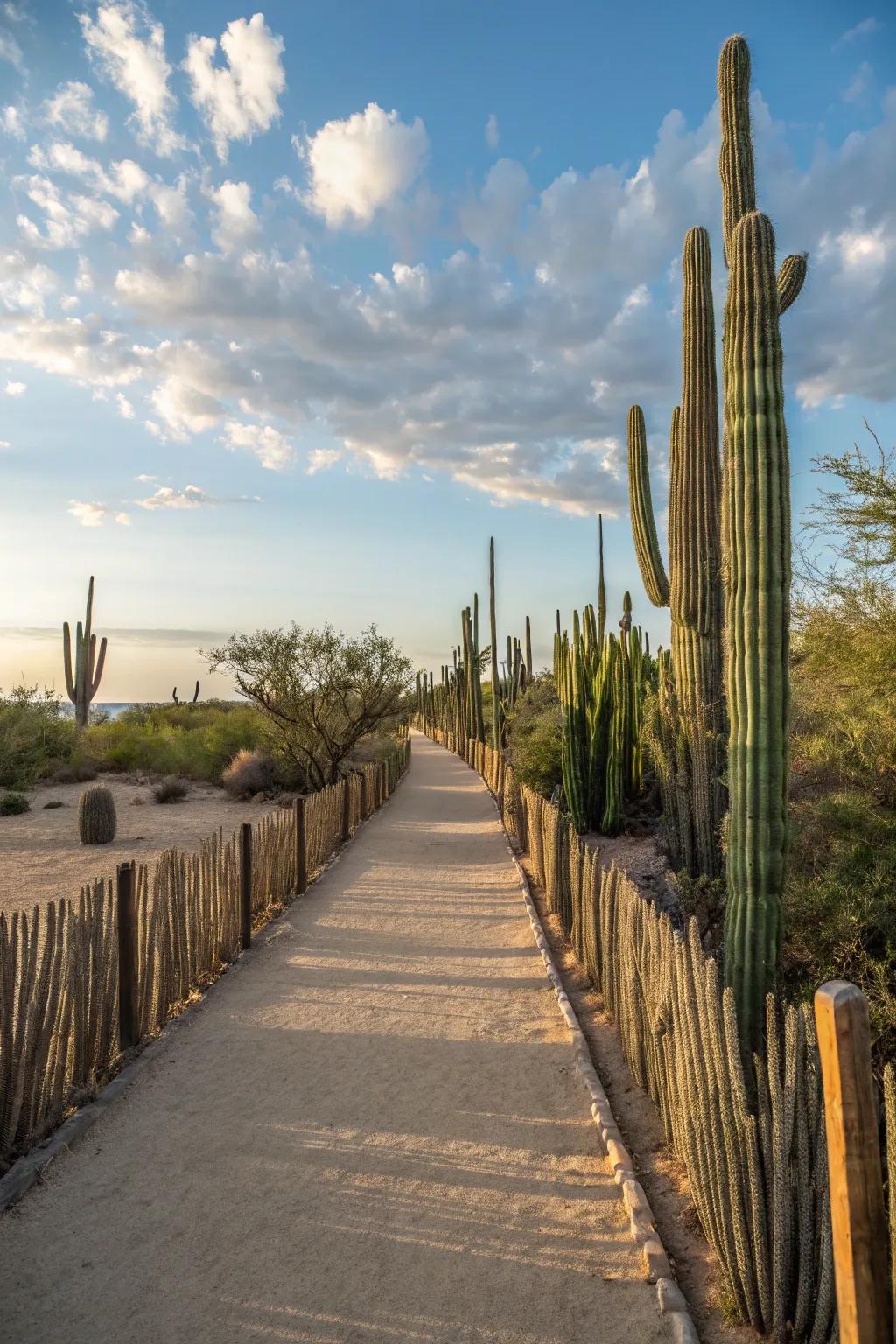 Cactus fences creating natural borders along pathways.