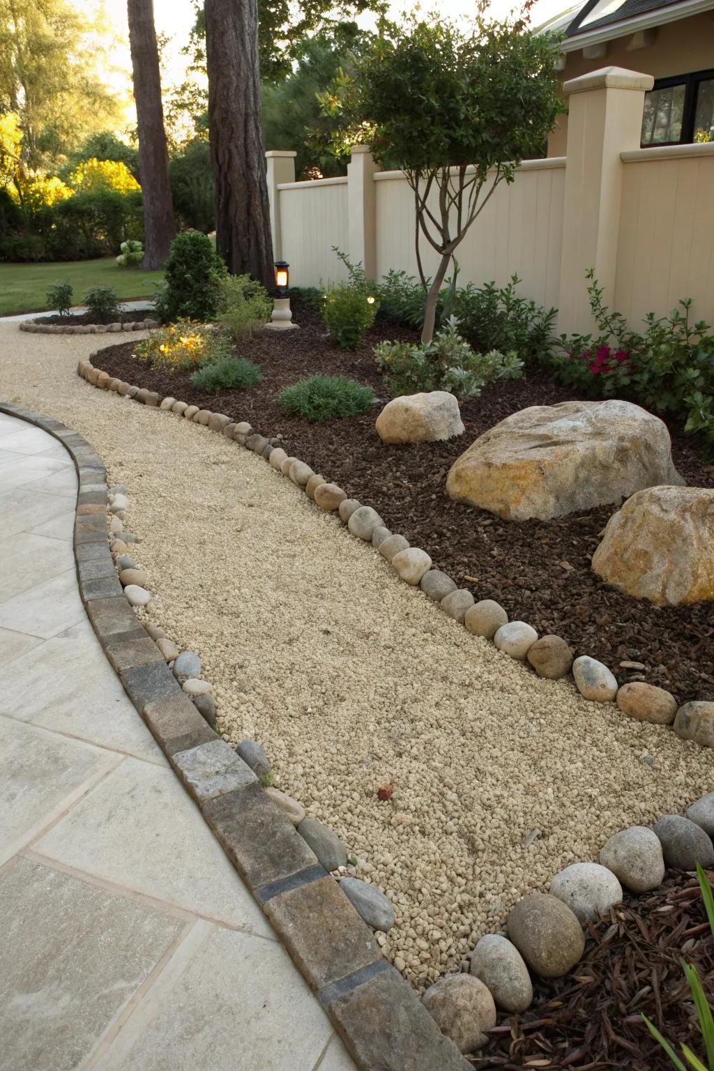 Decorative edging with crushed rock creates neat and structured garden spaces.