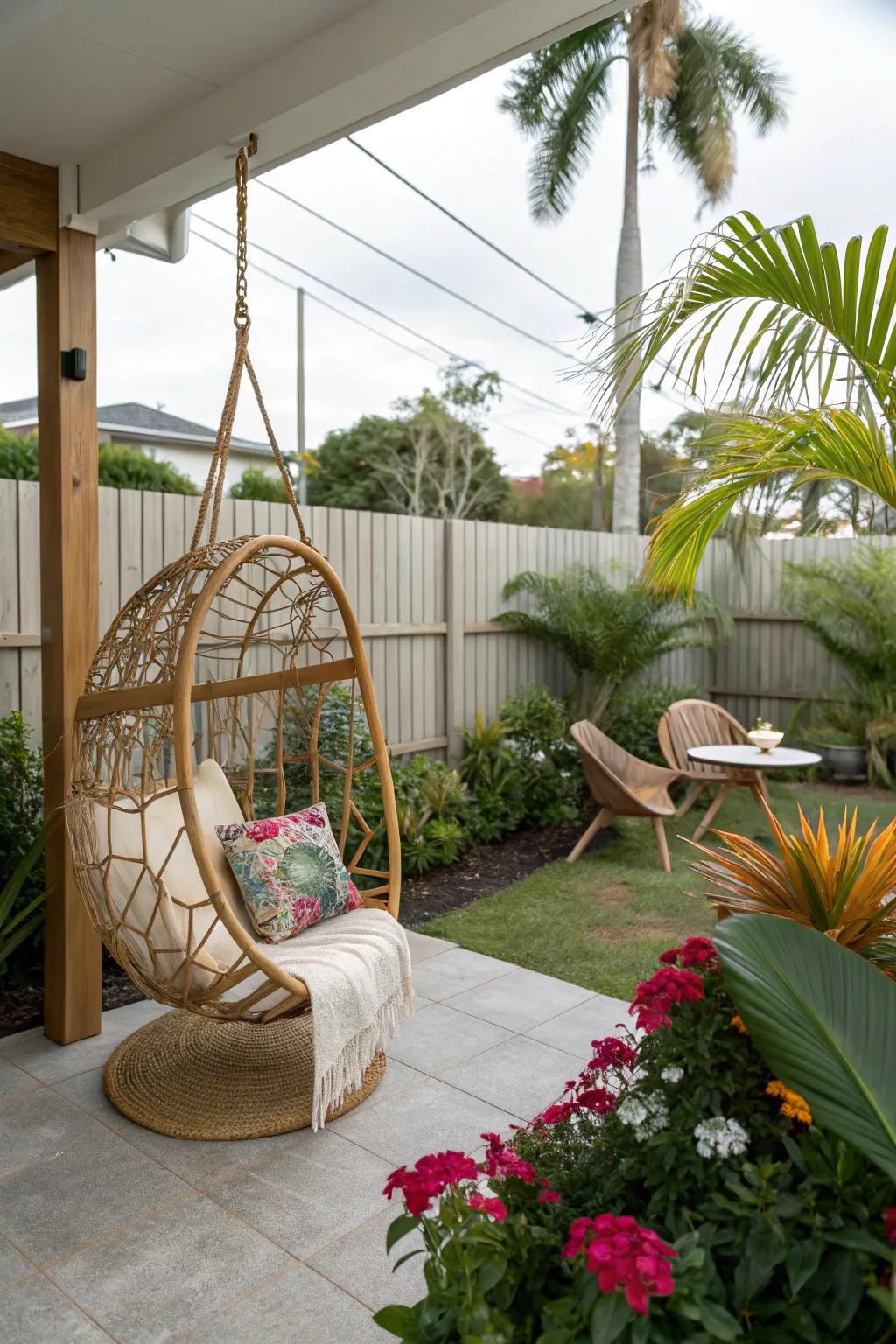A swinging chair offering a playful touch to a veranda.