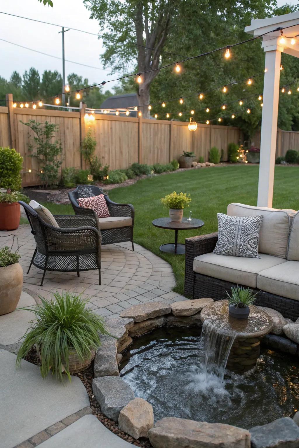 A soothing water element enhances tranquility.