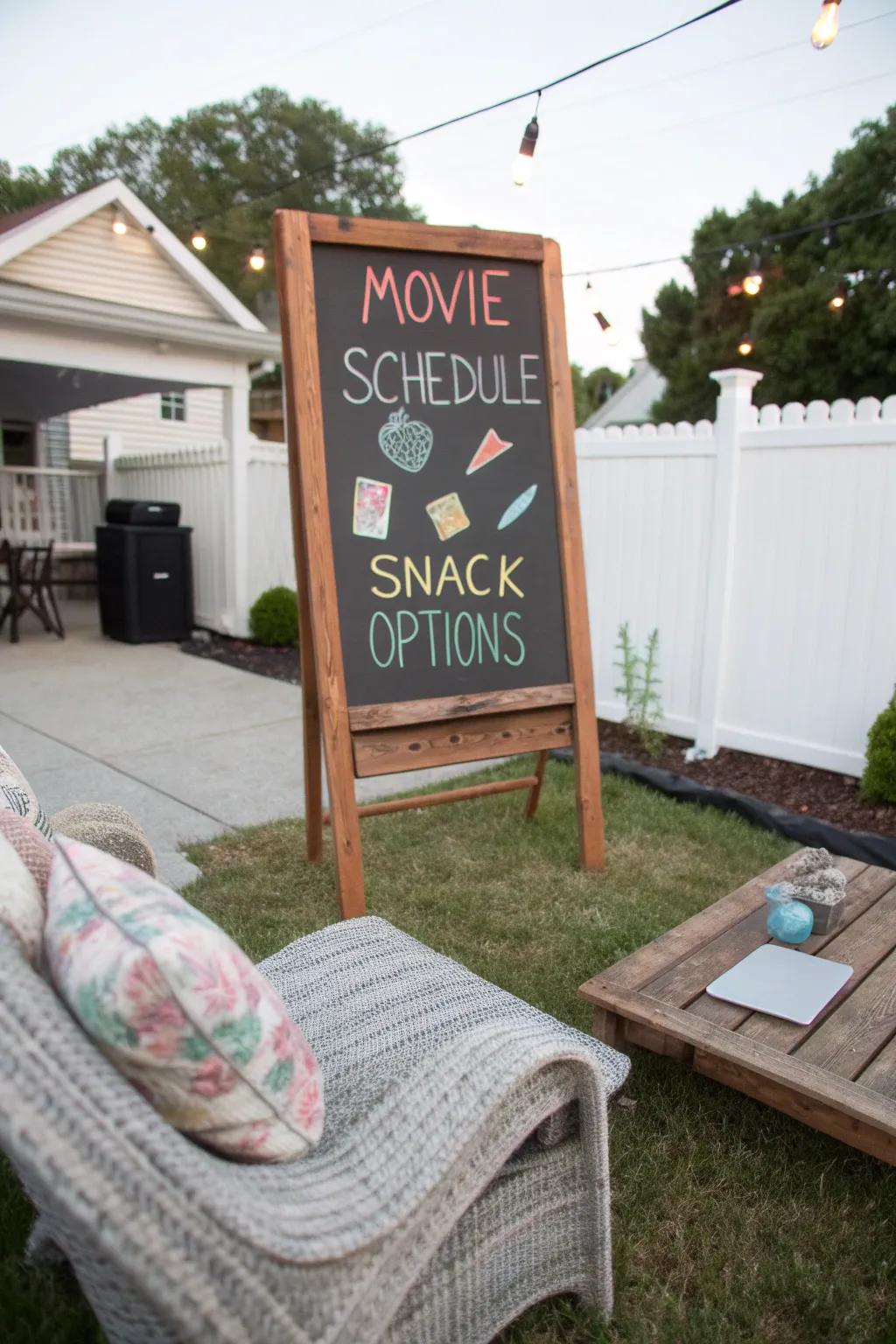 A chalkboard list incorporates charm and keeps guests informed.