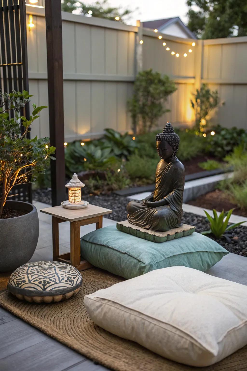 A meditation corner delivers a tranquil escape for introspection.