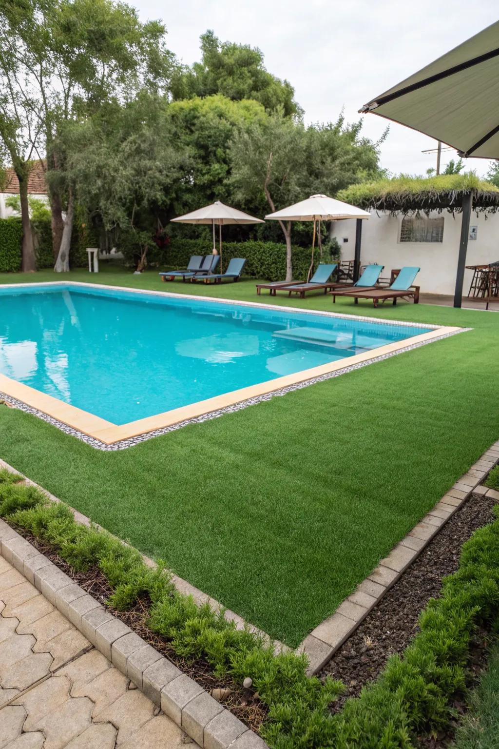A spotless poolside featuring lush, non-slip turf.