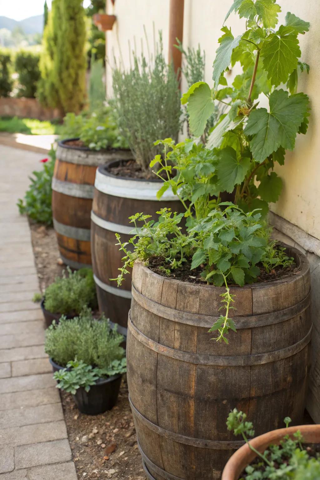 Charming additions using wine barrels.