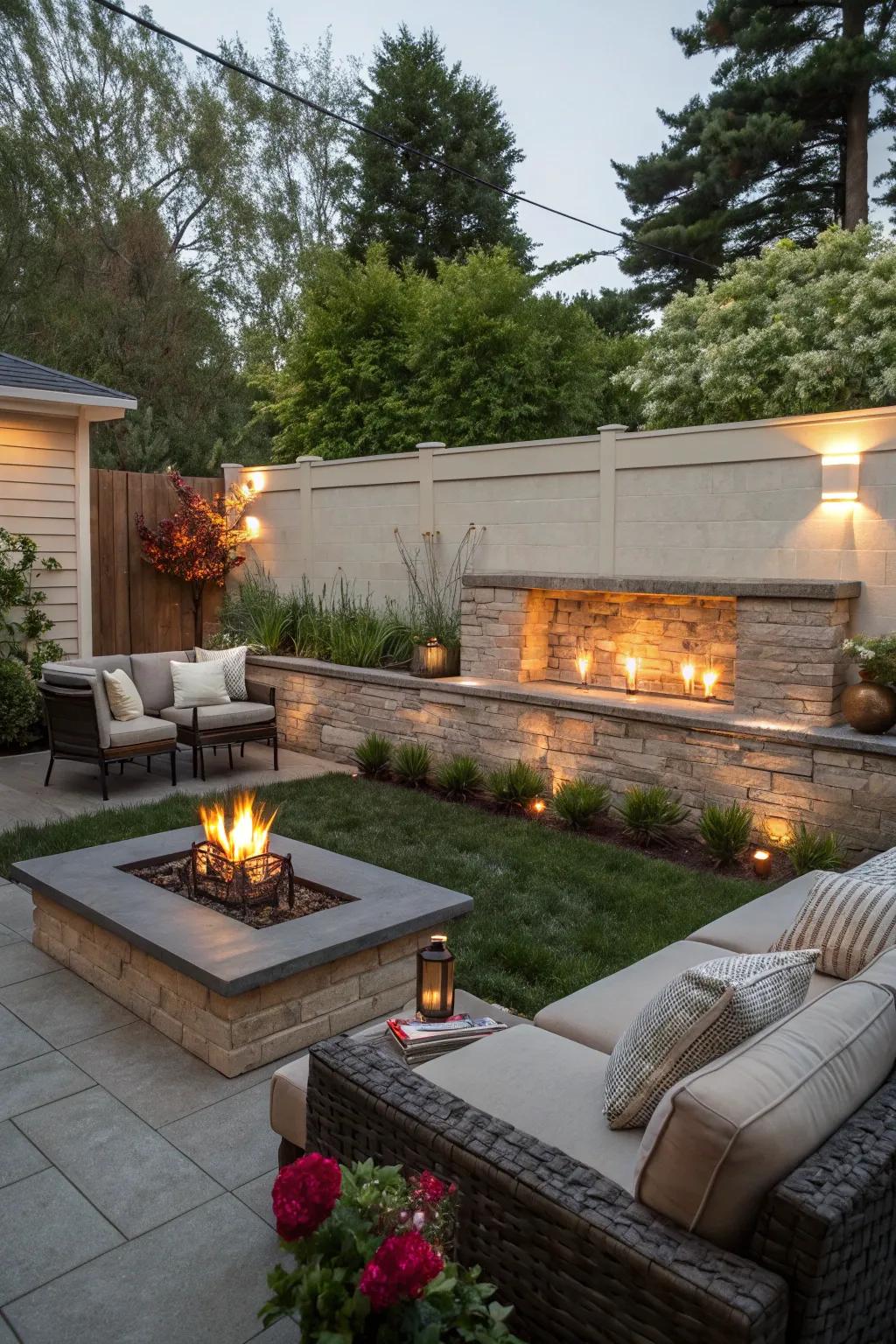 Blaze elements foster a convivial gathering locus.