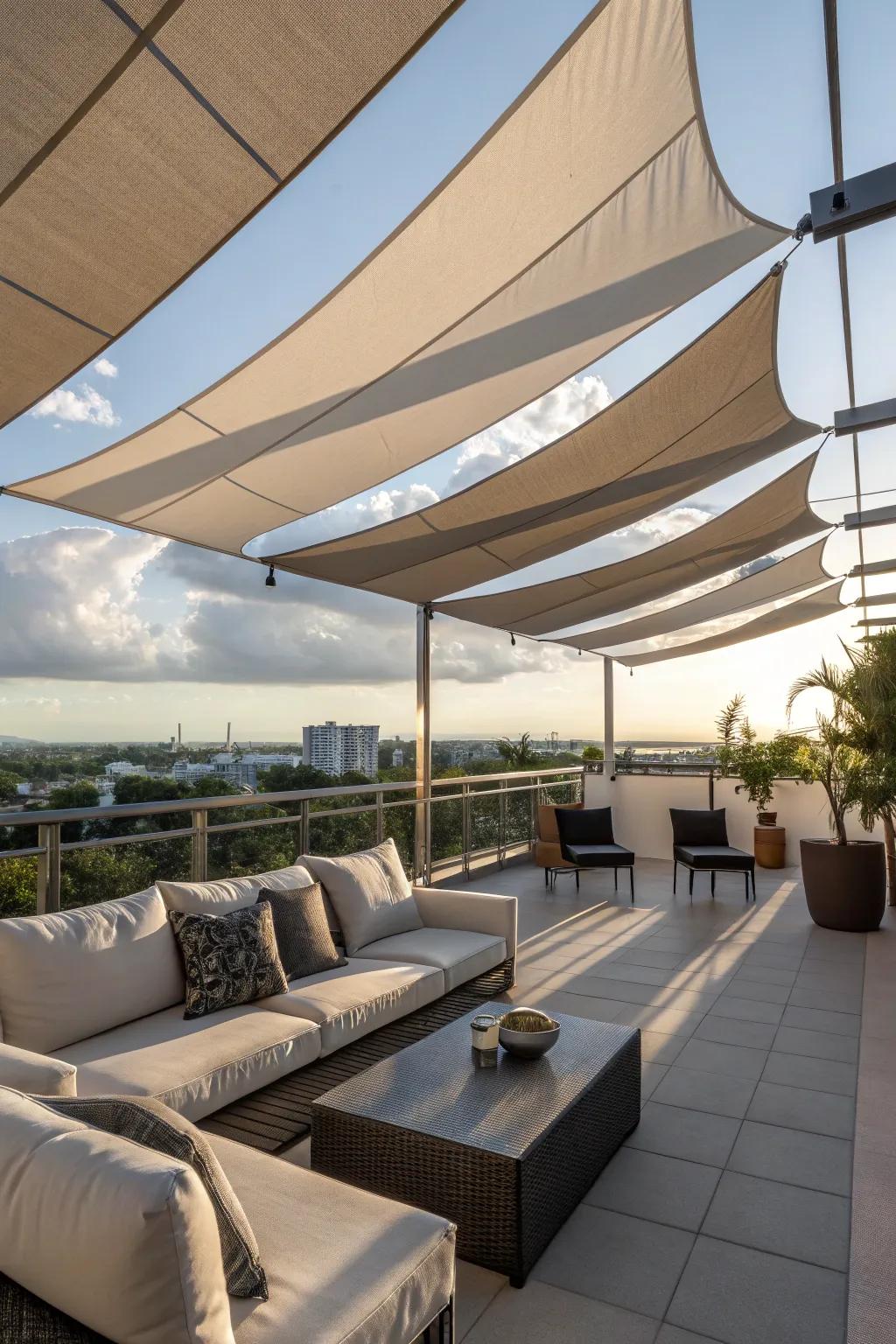 Shade sails offer stylish, dynamic defense.